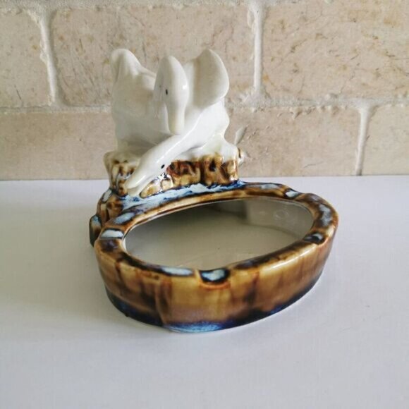 Vintage Pair of Geese Ceramic Drip Glaze Ashtray, MCM Birds Tobacciana - Picture 2 of 10